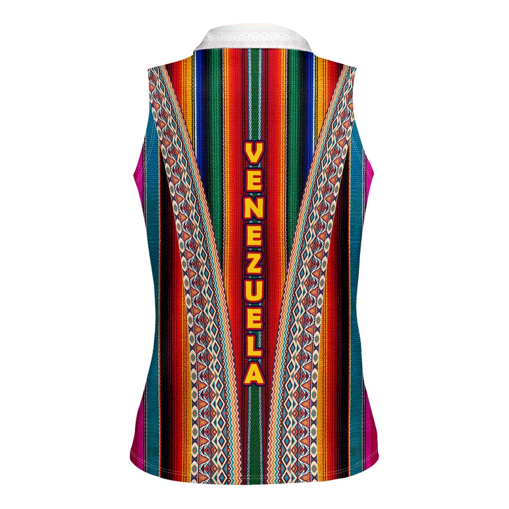 Venezuela Women Sleeveless Polo Shirt with Andean Multicolor Woven Textile Stripe Spirit