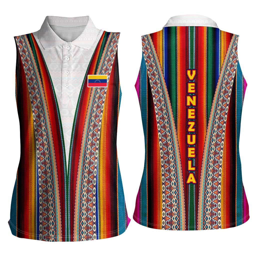 Venezuela Women Sleeveless Polo Shirt with Andean Multicolor Woven Textile Stripe Spirit