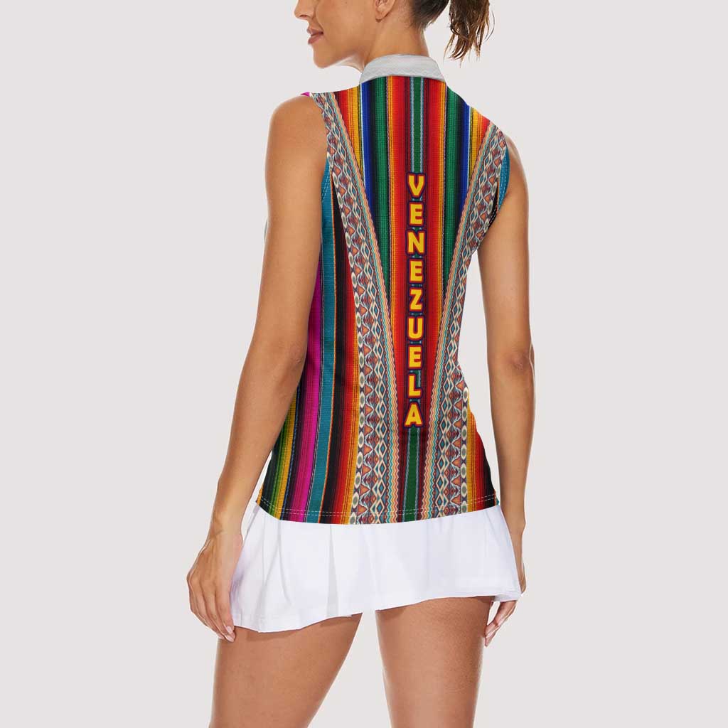 Venezuela Women Sleeveless Polo Shirt with Andean Multicolor Woven Textile Stripe Spirit