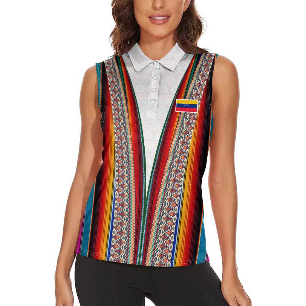 Venezuela Women Sleeveless Polo Shirt with Andean Multicolor Woven Textile Stripe Spirit