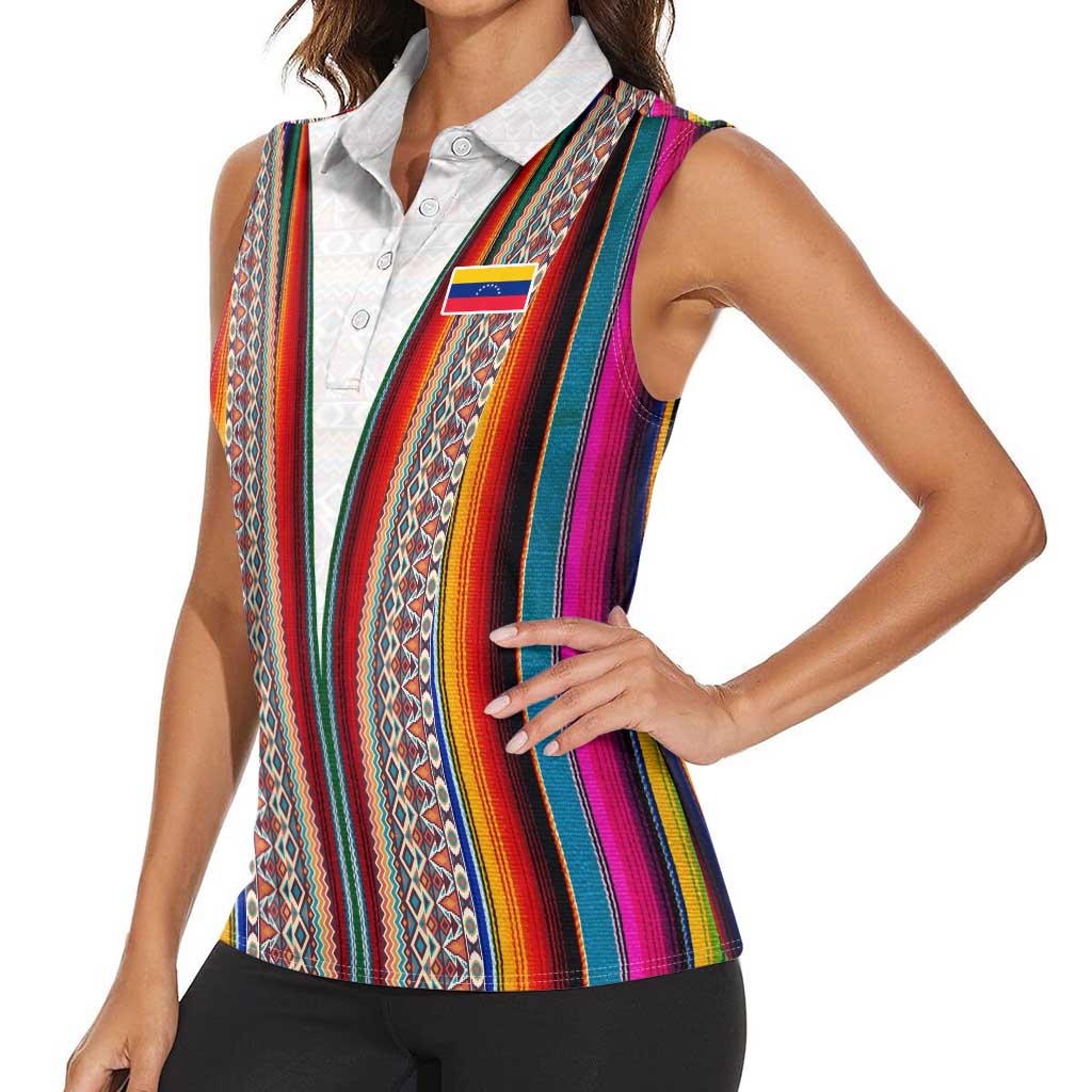 Venezuela Women Sleeveless Polo Shirt with Andean Multicolor Woven Textile Stripe Spirit