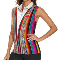 Venezuela Women Sleeveless Polo Shirt with Andean Multicolor Woven Textile Stripe Spirit