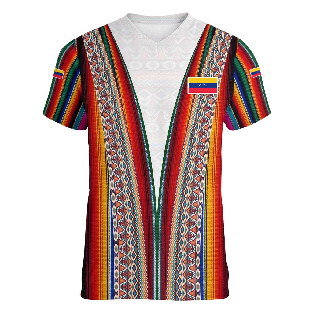 Venezuela Women V-Neck T-Shirt with Andean Multicolor Woven Textile Stripe Spirit