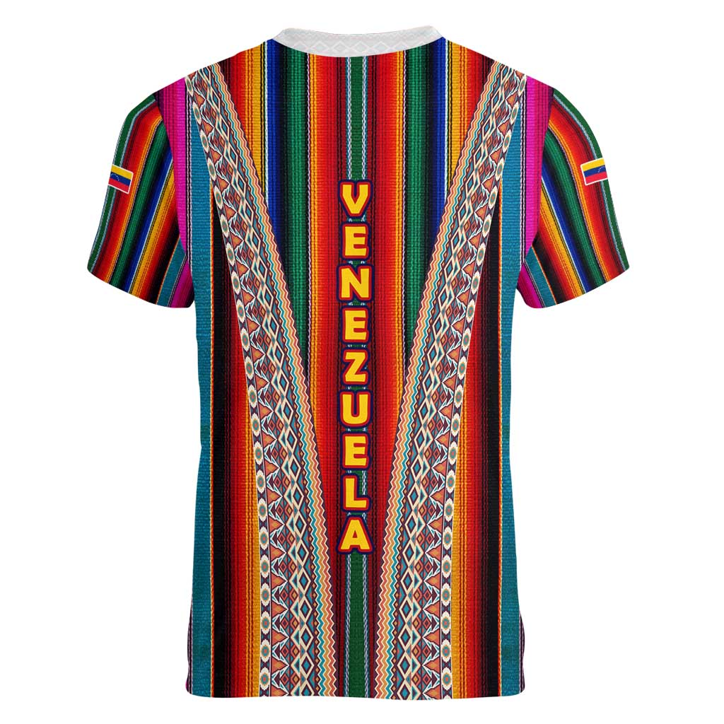 Venezuela Women V-Neck T-Shirt with Andean Multicolor Woven Textile Stripe Spirit