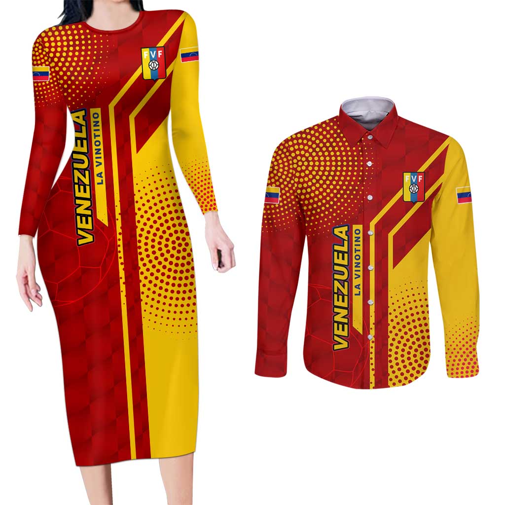 Venezuela Couples Matching Long Sleeve Bodycon Dress and Long Sleeve Button Shirt with La Vinotinto Football Federation Red Yellow Spirit