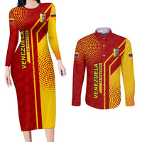 Venezuela Couples Matching Long Sleeve Bodycon Dress and Long Sleeve Button Shirt with La Vinotinto Football Federation Red Yellow Spirit