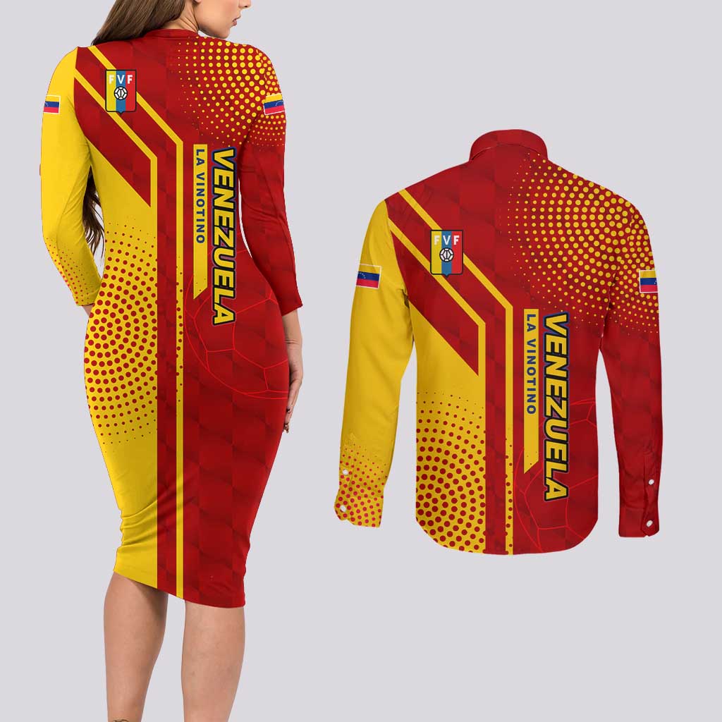 Venezuela Couples Matching Long Sleeve Bodycon Dress and Long Sleeve Button Shirt with La Vinotinto Football Federation Red Yellow Spirit