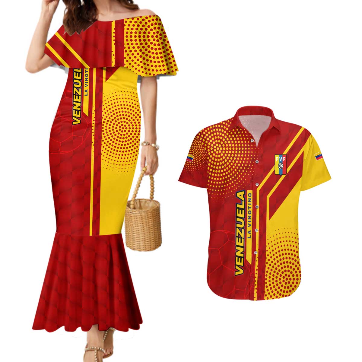 Venezuela Couples Matching Mermaid Dress and Hawaiian Shirt with La Vinotinto Football Federation Red Yellow Spirit