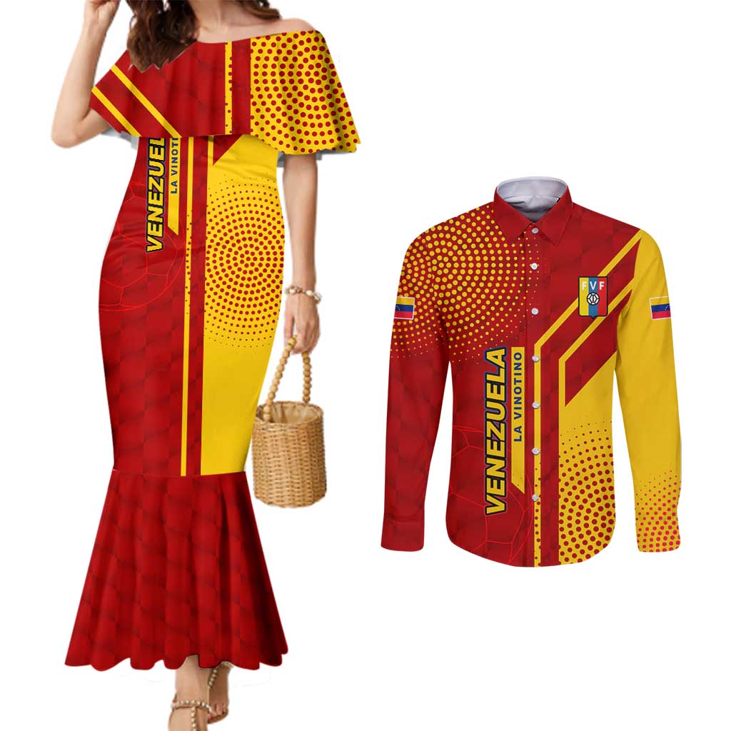 Venezuela Couples Matching Mermaid Dress and Long Sleeve Button Shirt with La Vinotinto Football Federation Red Yellow Spirit