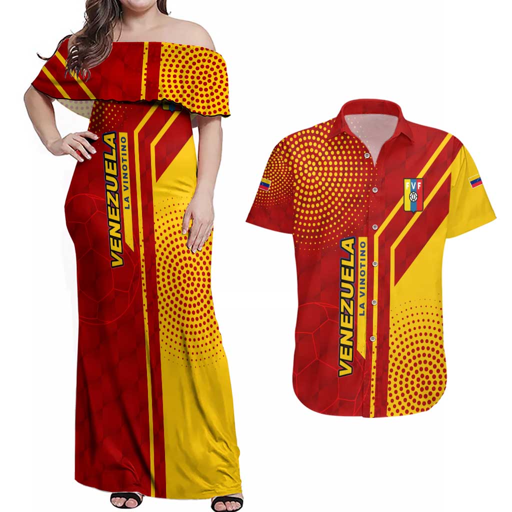 Venezuela Couples Matching Off Shoulder Maxi Dress and Hawaiian Shirt with La Vinotinto Football Federation Red Yellow Spirit