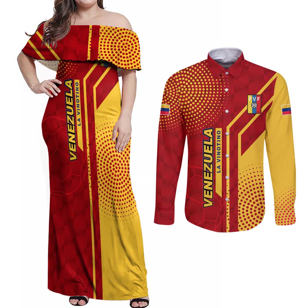 Venezuela Couples Matching Off Shoulder Maxi Dress and Long Sleeve Button Shirt with La Vinotinto Football Federation Red Yellow Spirit