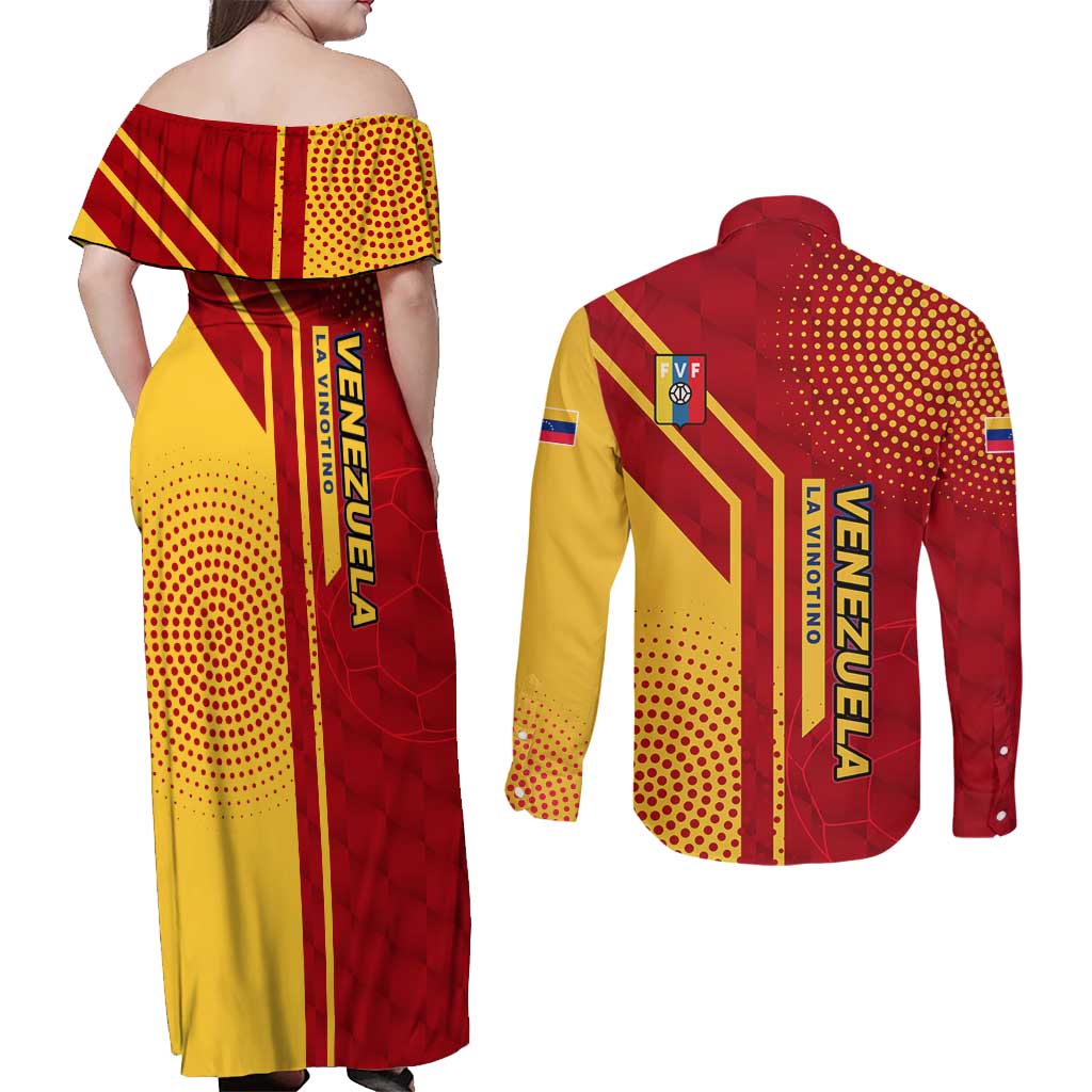 Venezuela Couples Matching Off Shoulder Maxi Dress and Long Sleeve Button Shirt with La Vinotinto Football Federation Red Yellow Spirit
