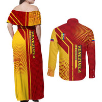 Venezuela Couples Matching Off Shoulder Maxi Dress and Long Sleeve Button Shirt with La Vinotinto Football Federation Red Yellow Spirit