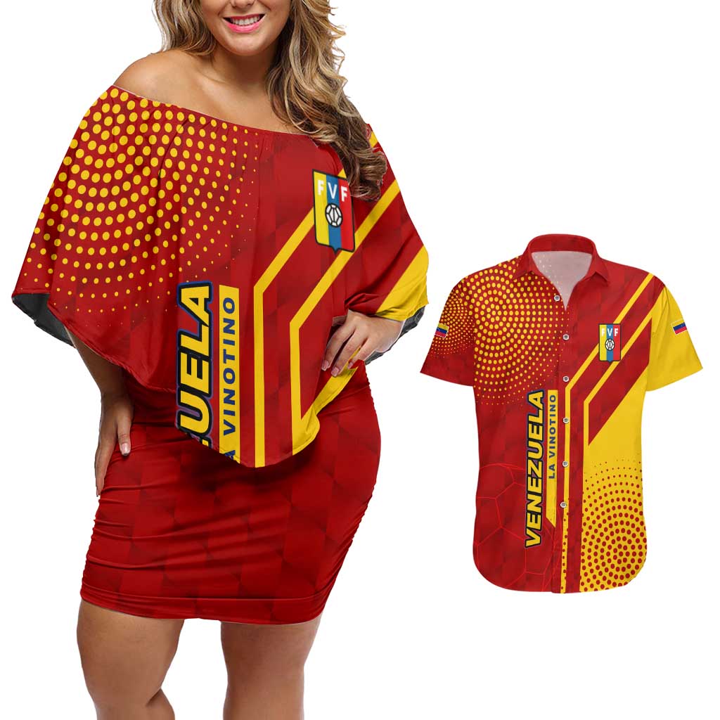 Venezuela Couples Matching Off Shoulder Short Dress and Hawaiian Shirt with La Vinotinto Football Federation Red Yellow Spirit