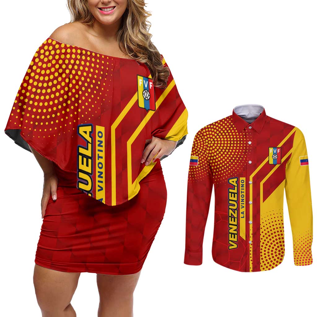 Venezuela Couples Matching Off Shoulder Short Dress and Long Sleeve Button Shirt with La Vinotinto Football Federation Red Yellow Spirit