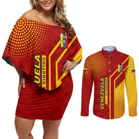 Venezuela Couples Matching Off Shoulder Short Dress and Long Sleeve Button Shirt with La Vinotinto Football Federation Red Yellow Spirit