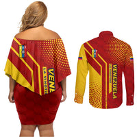 Venezuela Couples Matching Off Shoulder Short Dress and Long Sleeve Button Shirt with La Vinotinto Football Federation Red Yellow Spirit
