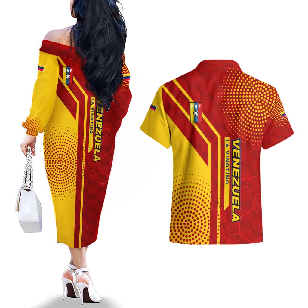 Venezuela Couples Matching Off The Shoulder Long Sleeve Dress and Hawaiian Shirt with La Vinotinto Football Federation Red Yellow Spirit