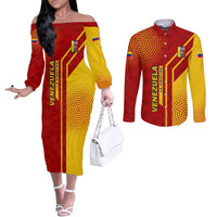 Venezuela Couples Matching Off The Shoulder Long Sleeve Dress and Long Sleeve Button Shirt with La Vinotinto Football Federation Red Yellow Spirit