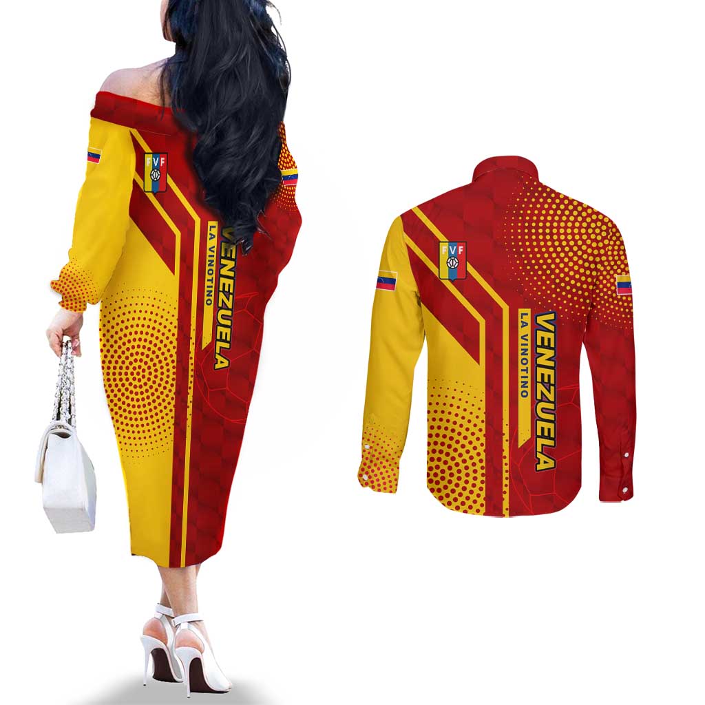 Venezuela Couples Matching Off The Shoulder Long Sleeve Dress and Long Sleeve Button Shirt with La Vinotinto Football Federation Red Yellow Spirit