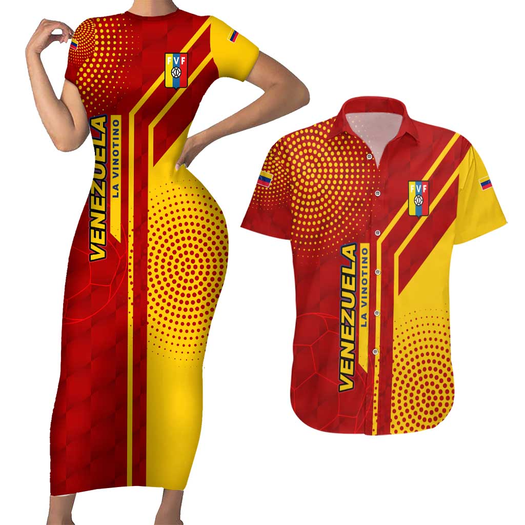 Venezuela Couples Matching Short Sleeve Bodycon Dress and Hawaiian Shirt with La Vinotinto Football Federation Red Yellow Spirit