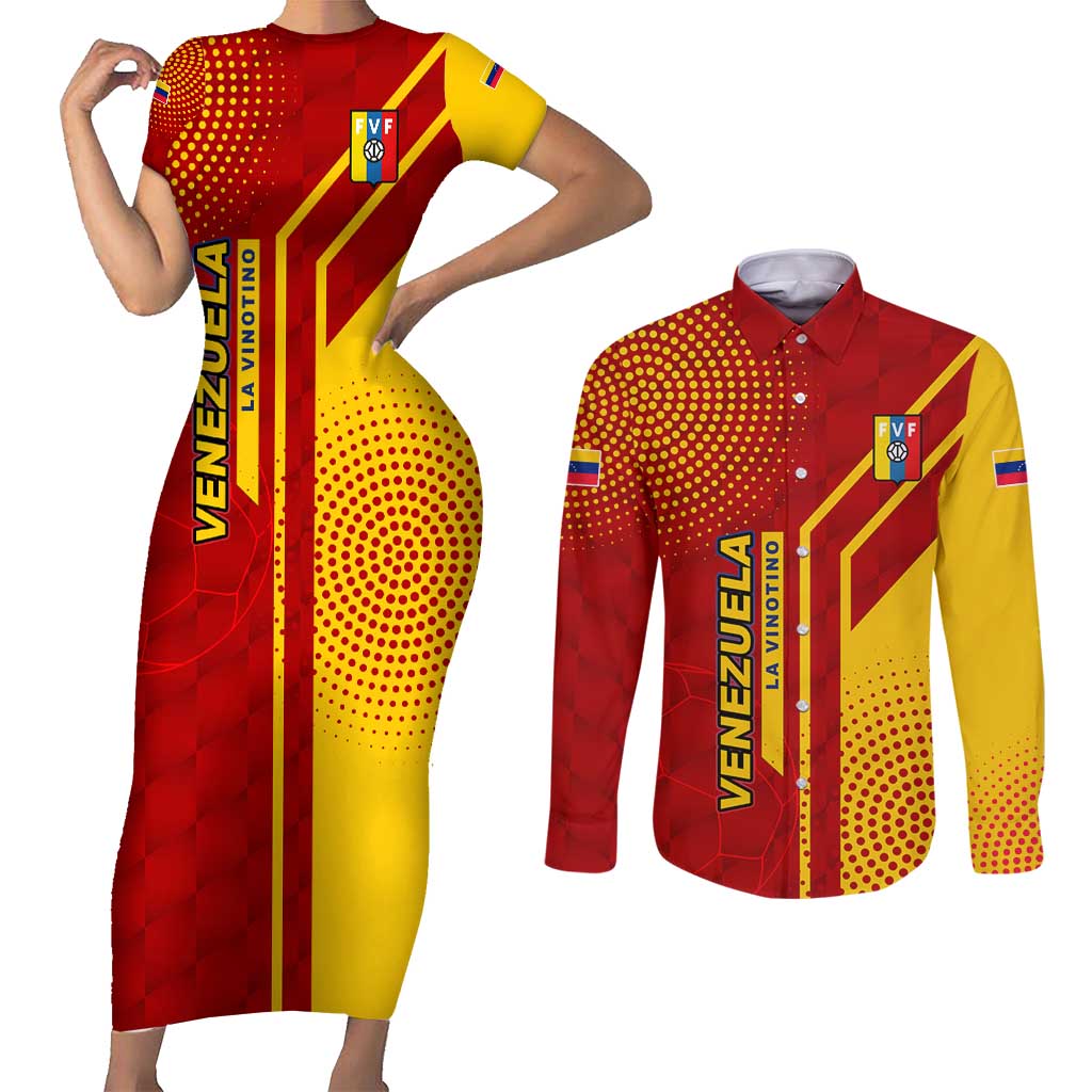 Venezuela Couples Matching Short Sleeve Bodycon Dress and Long Sleeve Button Shirt with La Vinotinto Football Federation Red Yellow Spirit