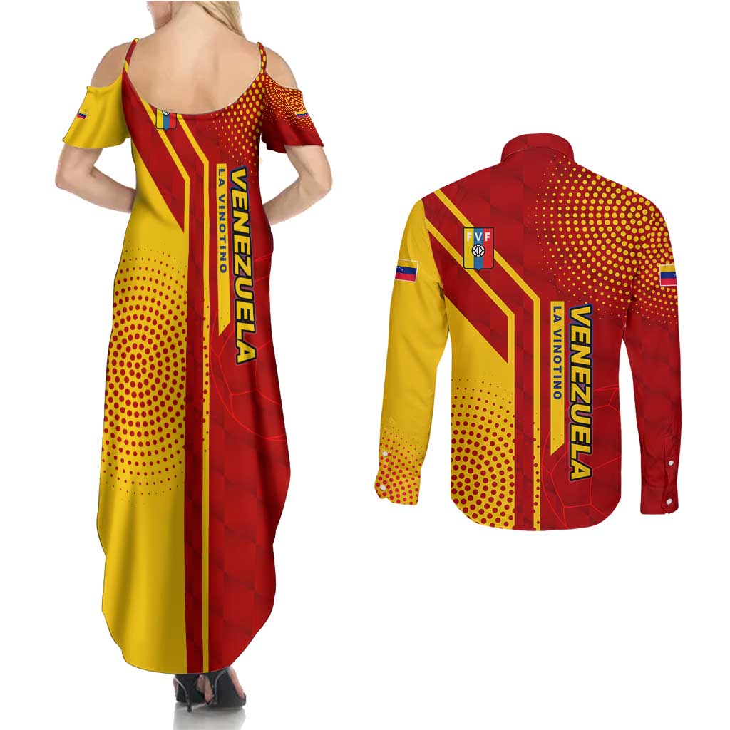 Venezuela Couples Matching Summer Maxi Dress and Long Sleeve Button Shirt with La Vinotinto Football Federation Red Yellow Spirit