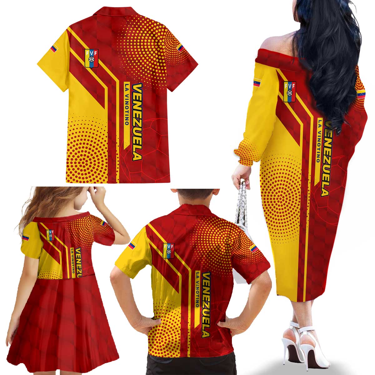 Venezuela Family Matching Off The Shoulder Long Sleeve Dress and Hawaiian Shirt with La Vinotinto Football Federation Red Yellow Spirit