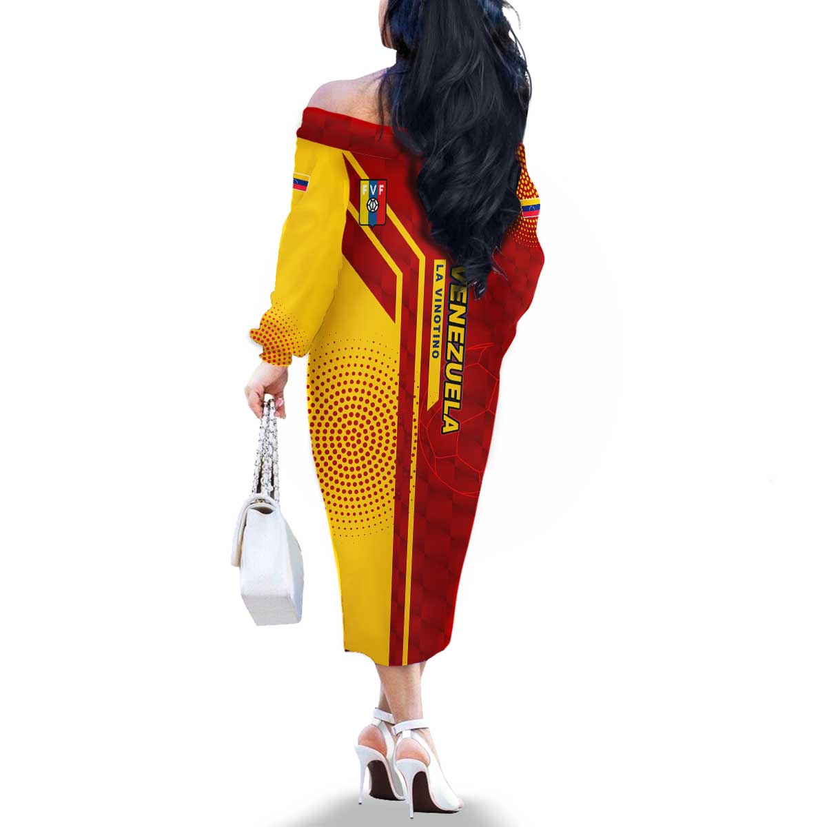 Venezuela Family Matching Off The Shoulder Long Sleeve Dress and Hawaiian Shirt with La Vinotinto Football Federation Red Yellow Spirit