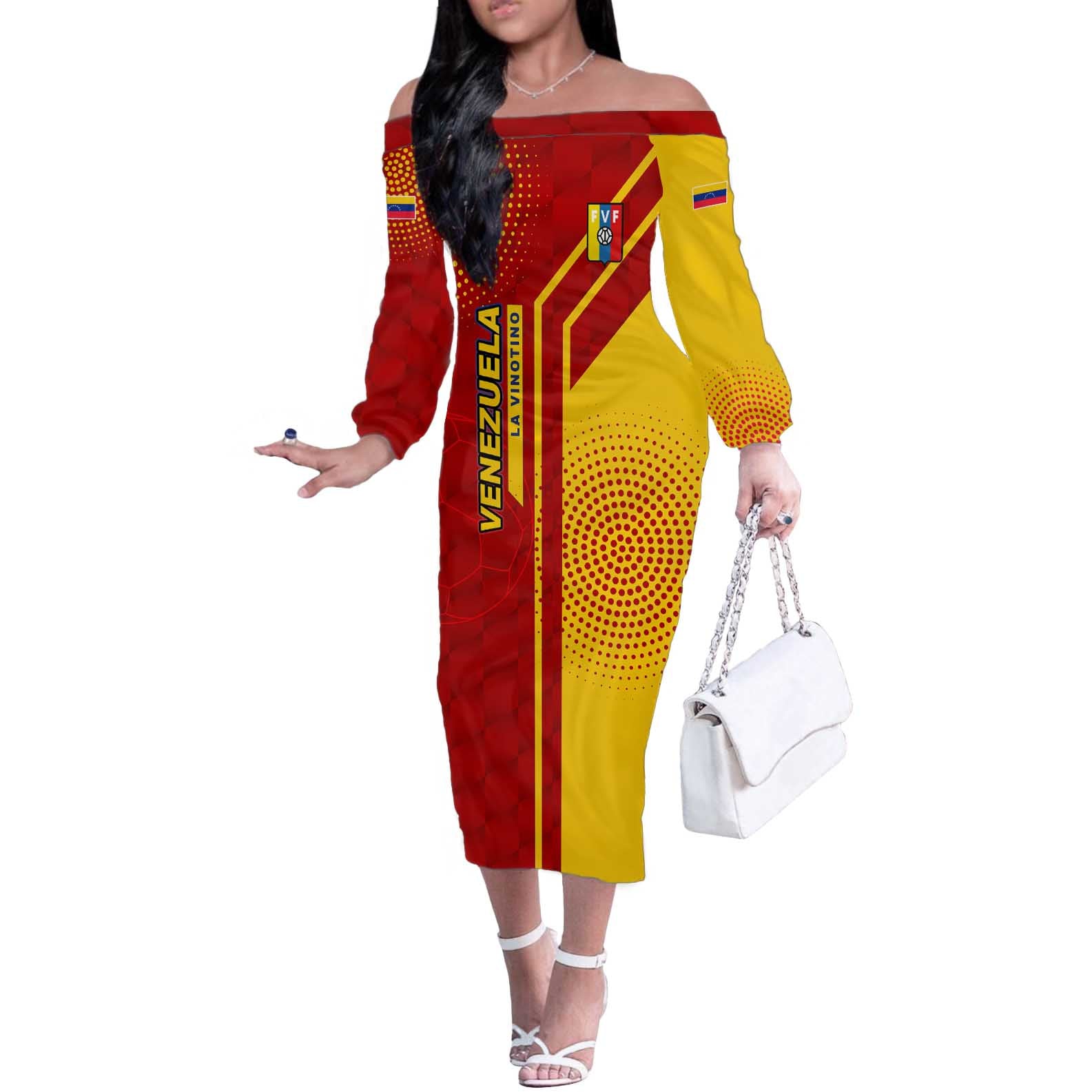 Venezuela Off The Shoulder Long Sleeve Dress with La Vinotinto Football Federation Red Yellow Spirit