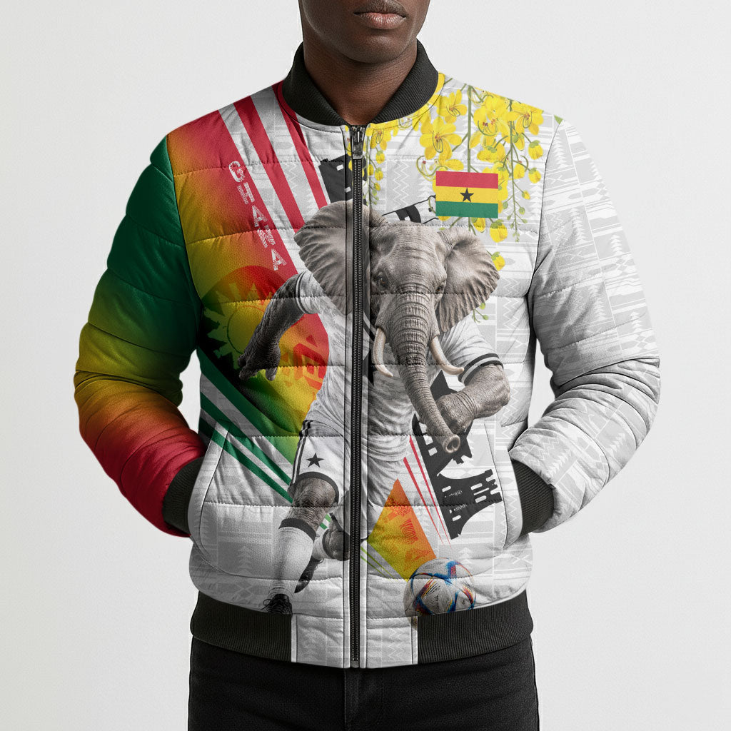 Personalized Ghana Soccer Elephant Bomber Puffer Jacket Ghana Flag Kente Football Player - Cassia Fistula Flower