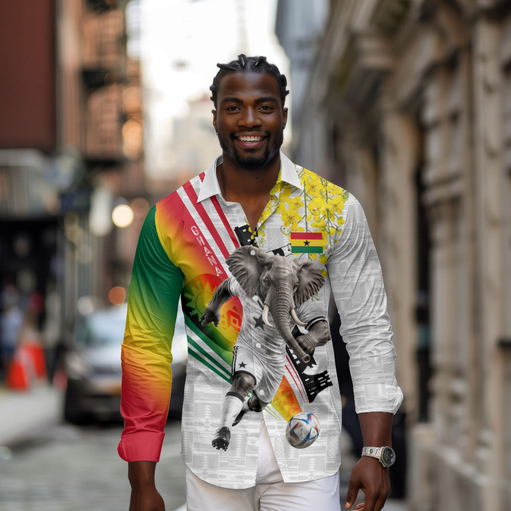 Personalized Ghana Soccer Elephant Long Sleeve Button Shirt Ghana Flag Kente Football Player - Cassia Fistula Flower
