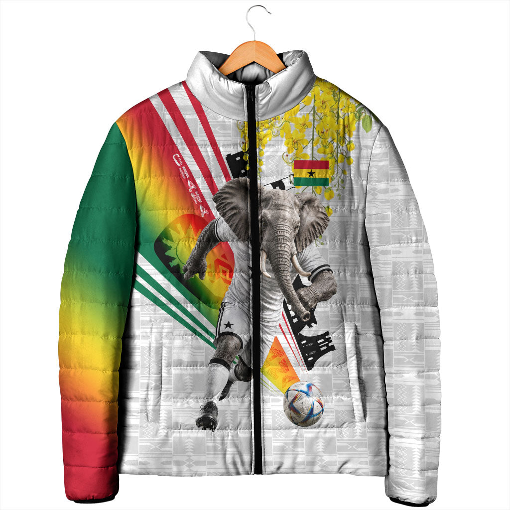 Personalized Ghana Soccer Elephant Padded Jacket Ghana Flag Kente Football Player - Cassia Fistula Flower