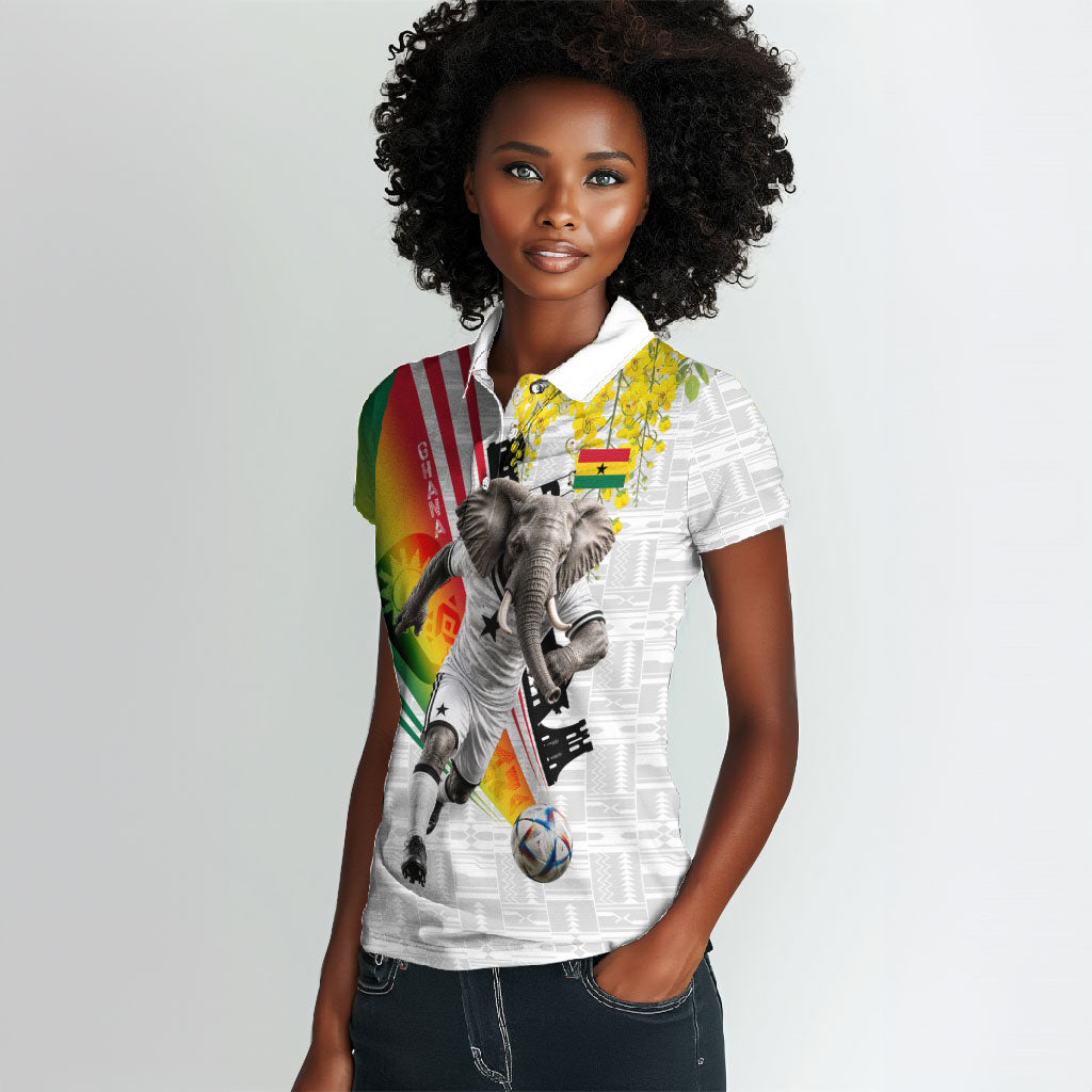 Personalized Ghana Soccer Elephant Women Polo Shirt Ghana Flag Kente Football Player - Cassia Fistula Flower