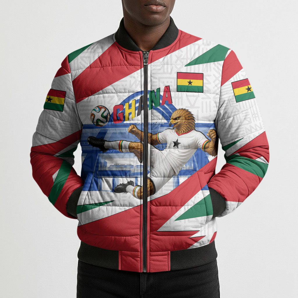 Personalized Ghana Soccer Eagle Bomber Puffer Jacket Ghana Flag Kente - Black Stars Football Stadium Graphic