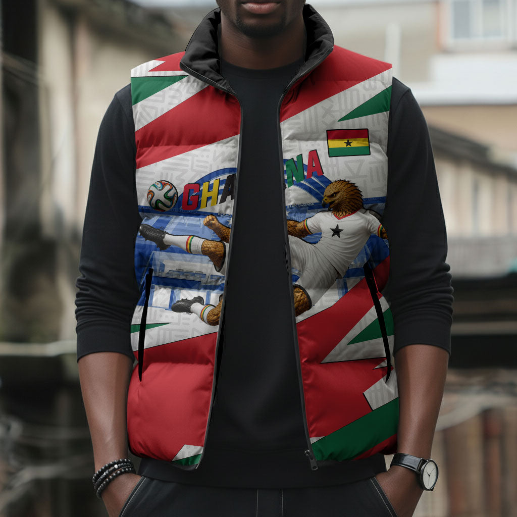 Personalized Ghana Soccer Eagle Sleeveless Puffer Jacket Ghana Flag Kente - Black Stars Football Stadium Graphic