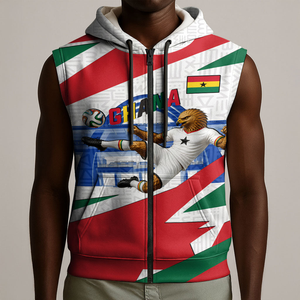 Personalized Ghana Soccer Eagle Sleeveless Zip Hoodie Ghana Flag Kente - Black Stars Football Stadium Graphic