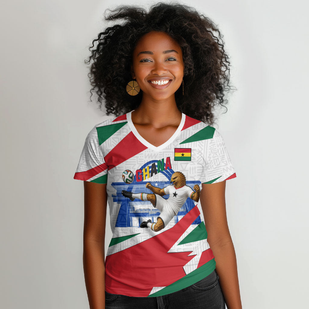 Personalized Ghana Soccer Eagle Women V-Neck T-Shirt Ghana Flag Kente - Black Stars Football Stadium Graphic