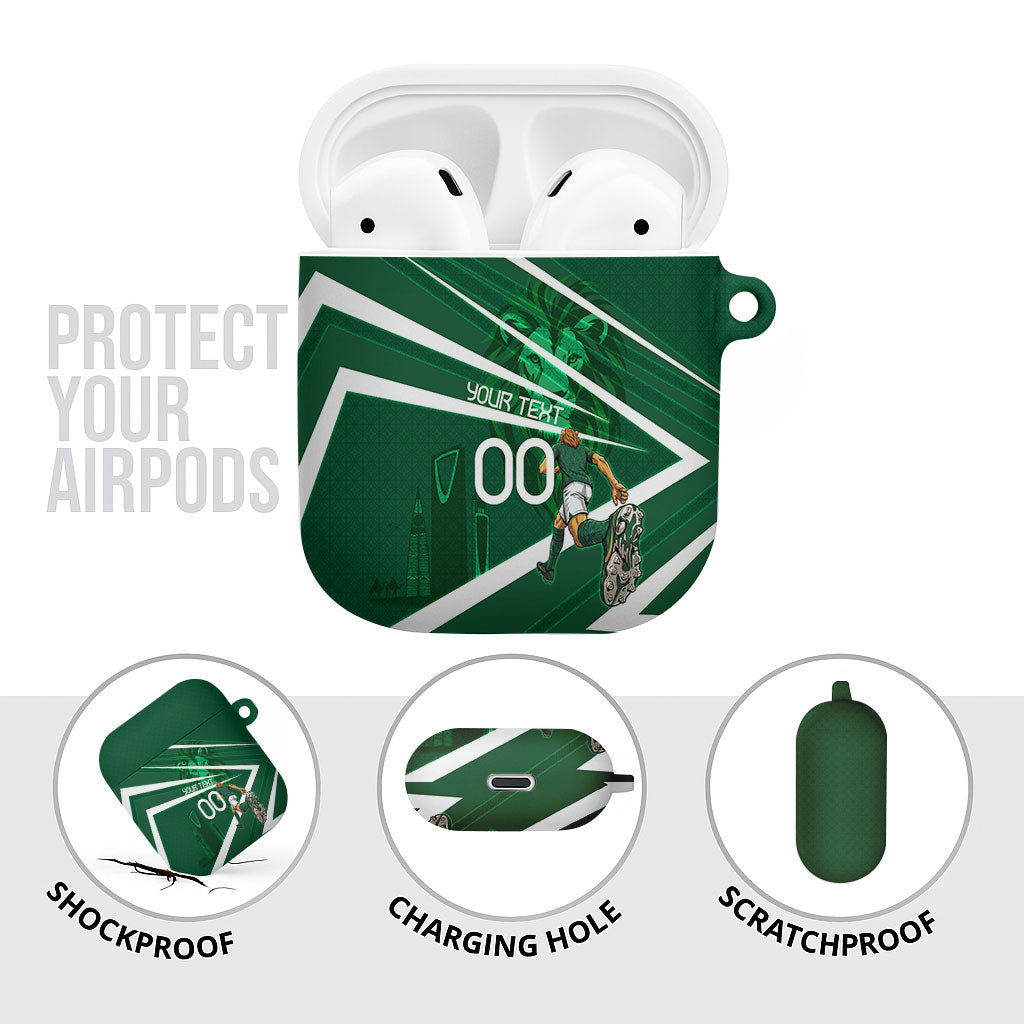 Personalized Saudi Arabia Football AirPods Case Green Lion Run of Champions