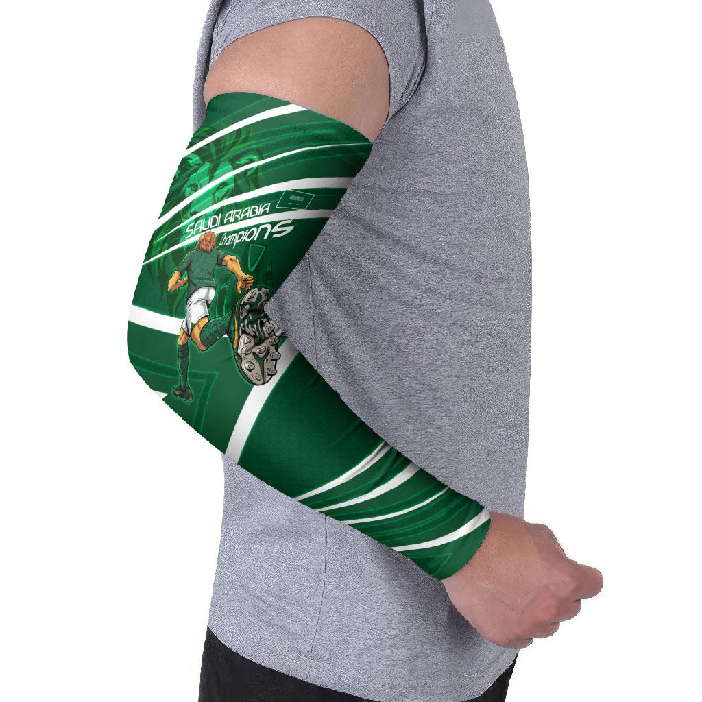 Personalized Saudi Arabia Football Arm Sleeves Green Lion Run of Champions