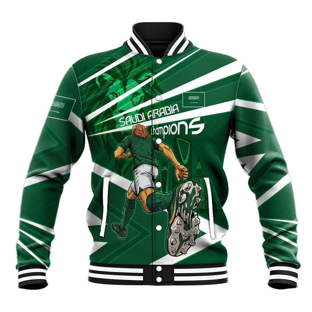 Personalized Saudi Arabia Football Baseball Jacket Green Lion Run of Champions