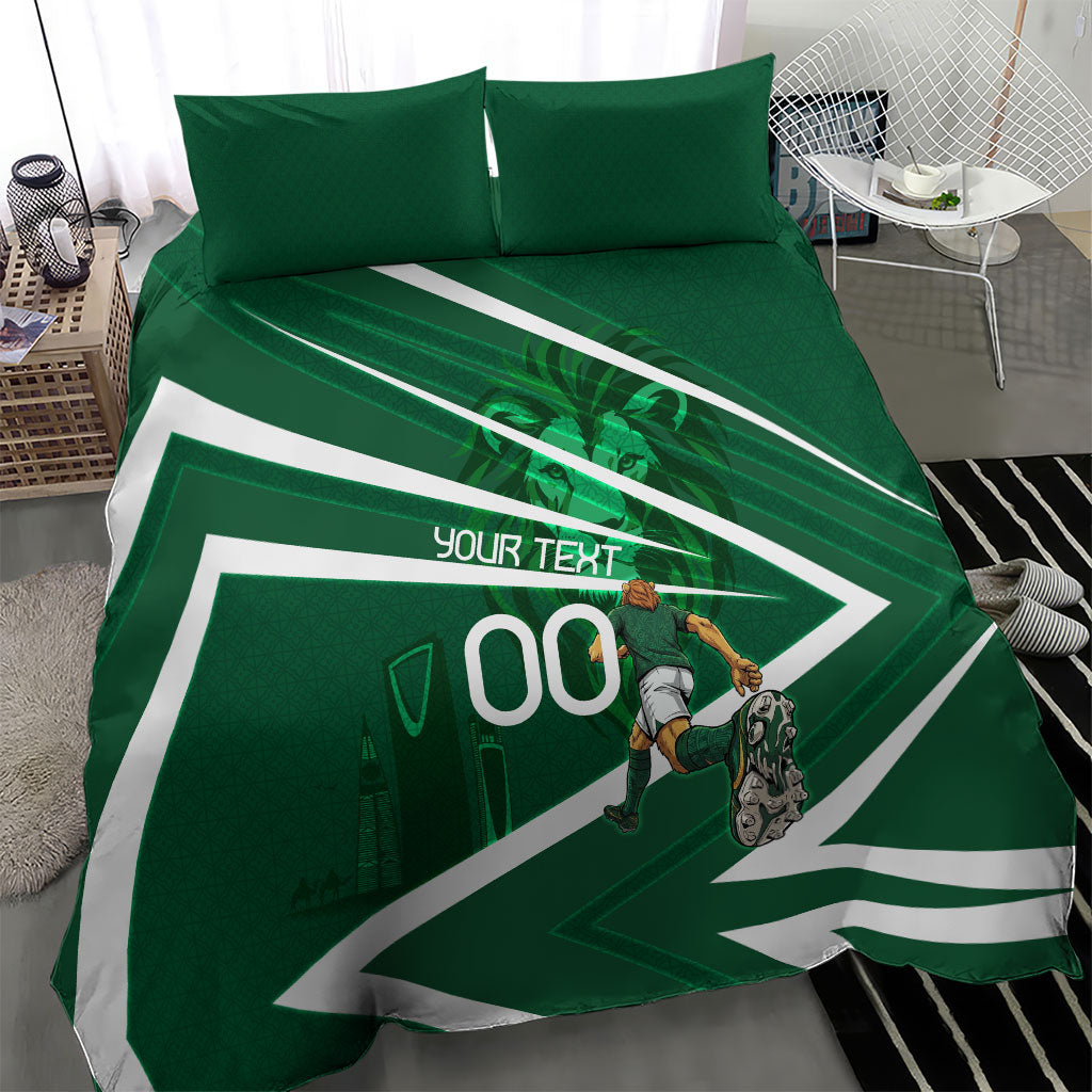 Personalized Saudi Arabia Football Bedding Set Green Lion Run of Champions