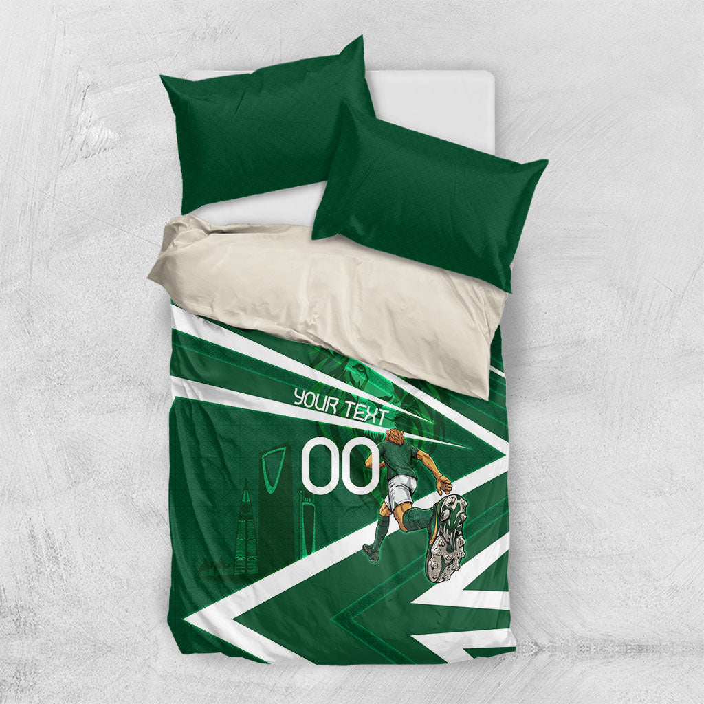 Personalized Saudi Arabia Football Bedding Set Green Lion Run of Champions