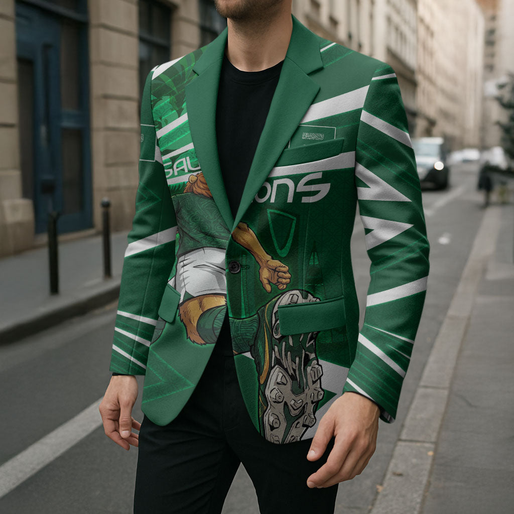 Personalized Saudi Arabia Football Blazer Green Lion Run of Champions
