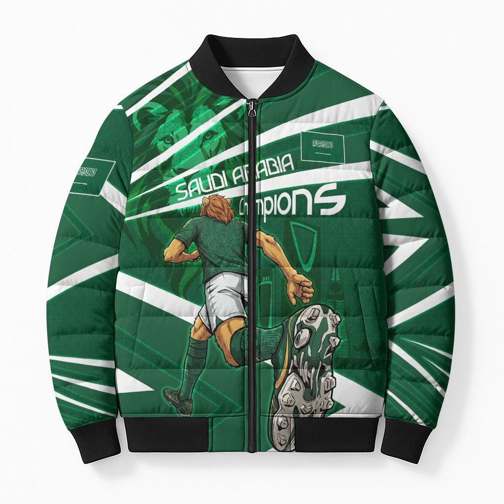Personalized Saudi Arabia Football Bomber Puffer Jacket Green Lion Run of Champions