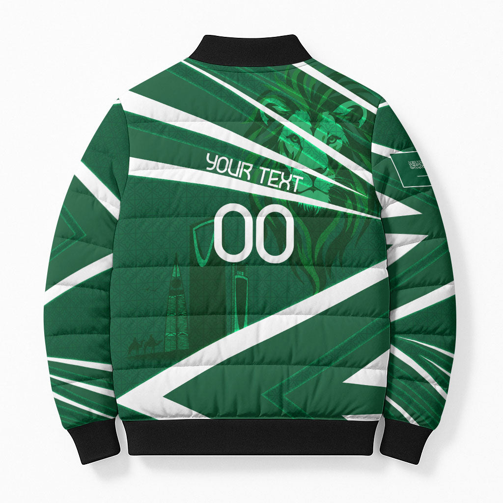 Personalized Saudi Arabia Football Bomber Puffer Jacket Green Lion Run of Champions