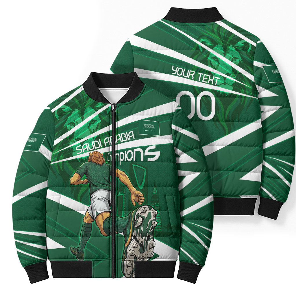 Personalized Saudi Arabia Football Bomber Puffer Jacket Green Lion Run of Champions