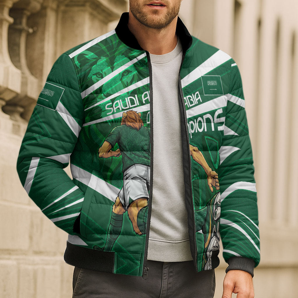 Personalized Saudi Arabia Football Bomber Puffer Jacket Green Lion Run of Champions