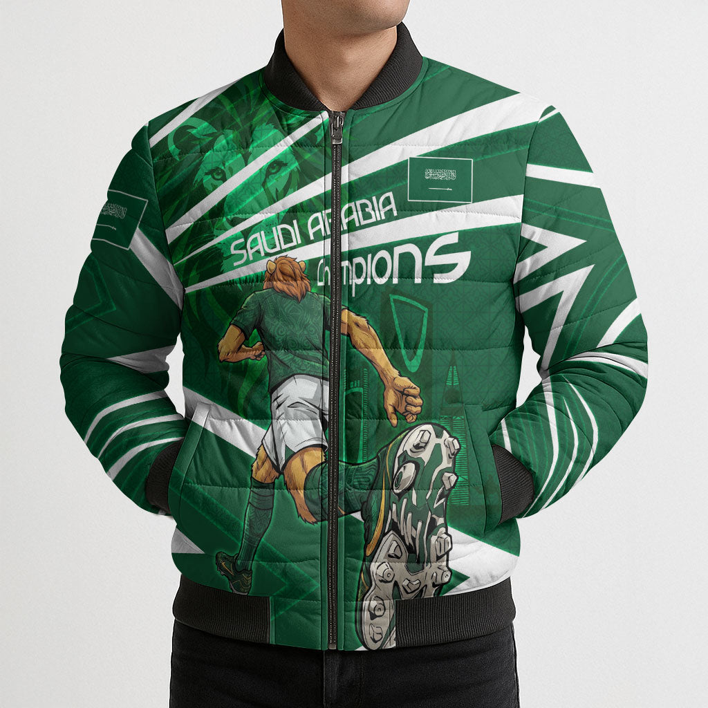 Personalized Saudi Arabia Football Bomber Puffer Jacket Green Lion Run of Champions