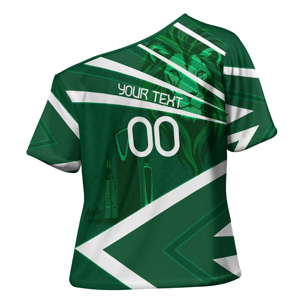Personalized Saudi Arabia Football Cross Shoulder Shirt Green Lion Run of Champions
